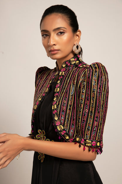 Black Ajrakh embellished jacket with drape tunic set