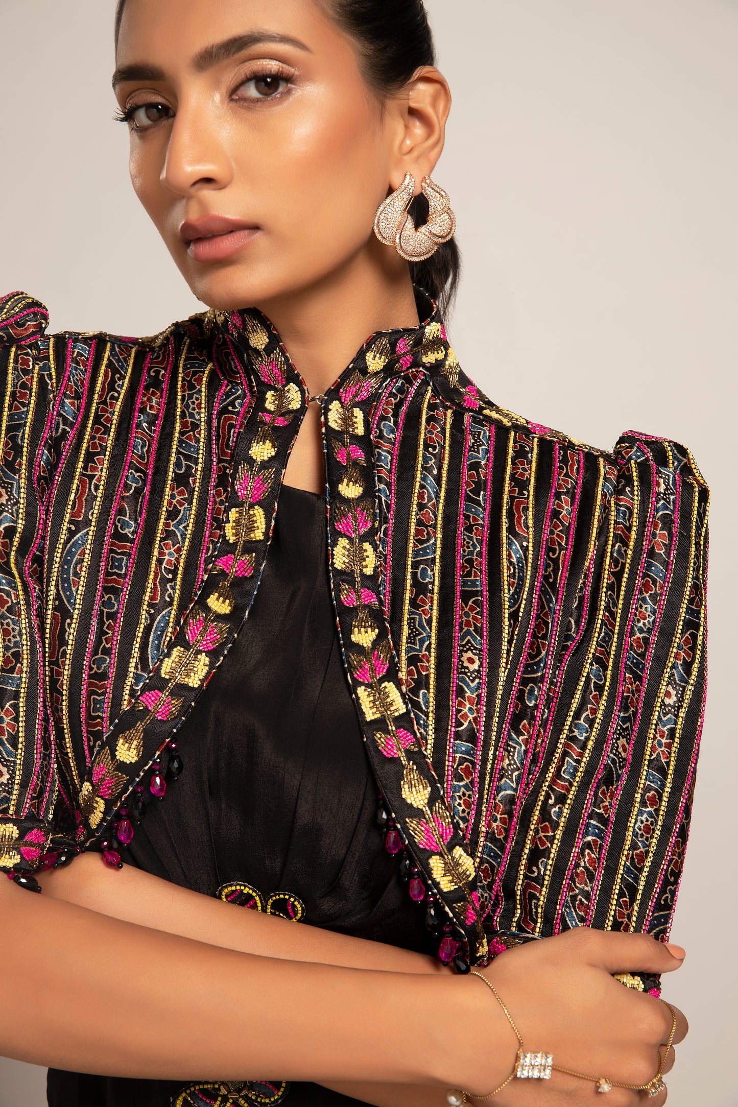 Black Ajrakh embellished jacket with drape tunic set