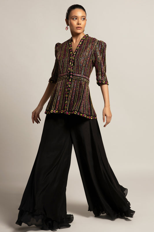 Black Strip Embellished Peplum Top and Flared Pant Set