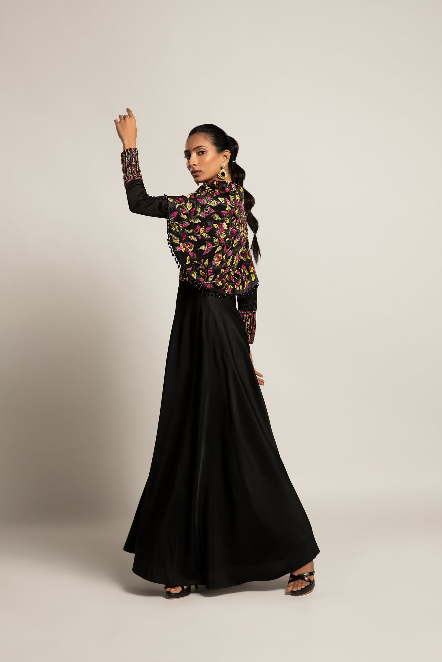 Black Gajji Silk Embellished Cape Jumpsuit