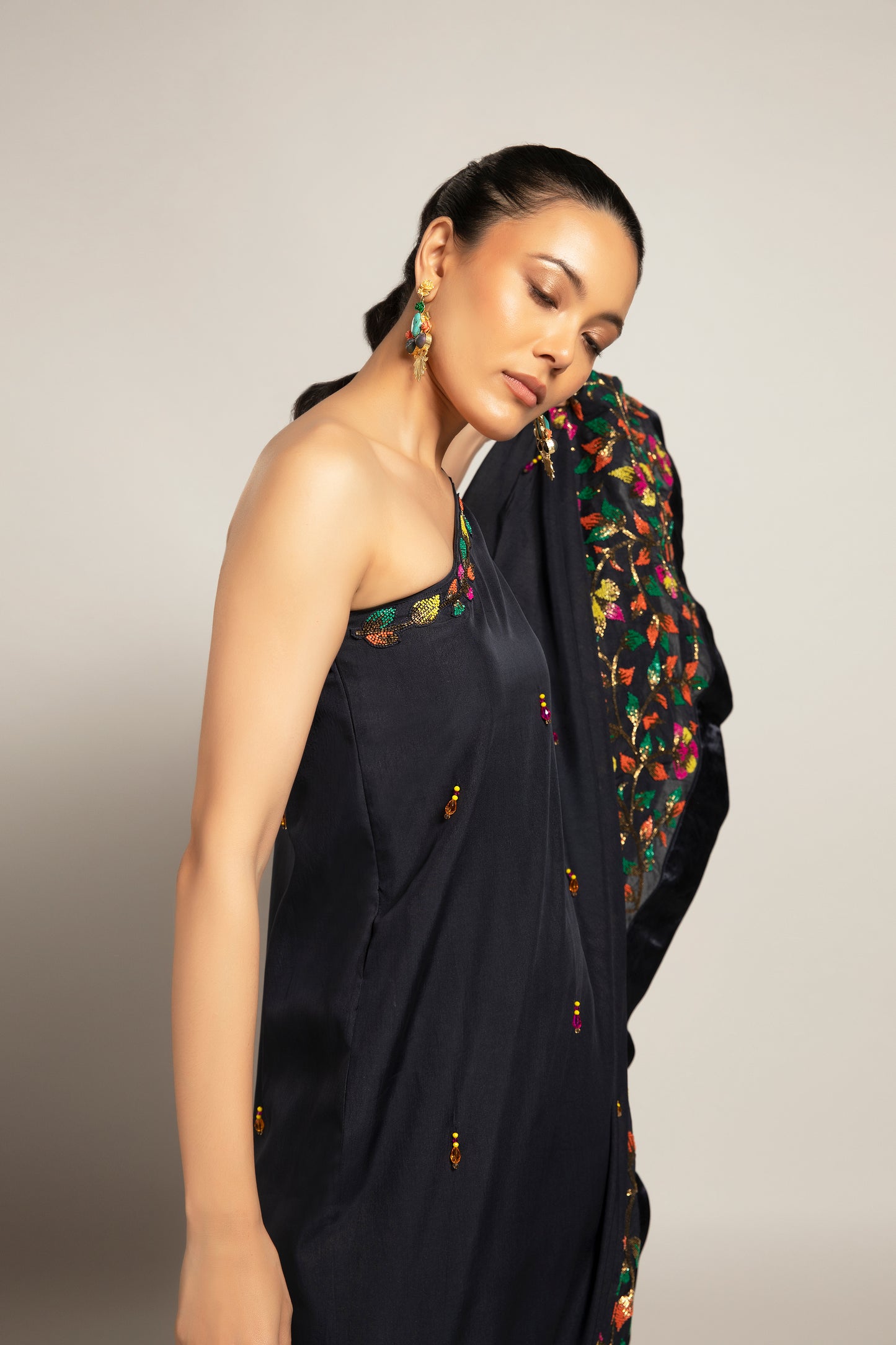 Blue organza One Shoulder Embellished Kaftan