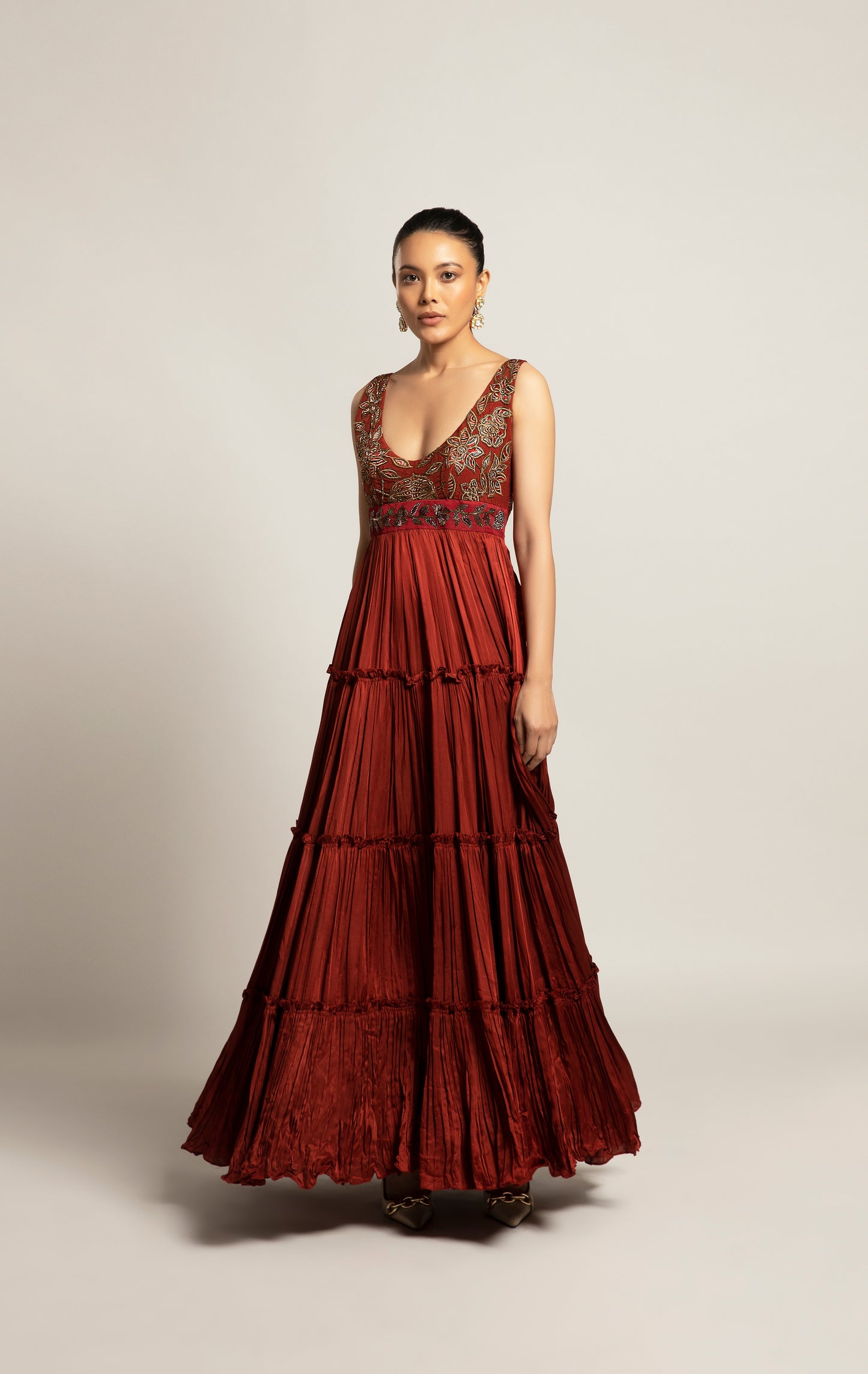 Maroon Embroidered Layered Gown with Jacket