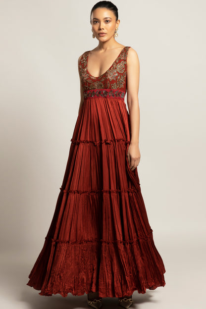 Maroon Ajrakh Embroidered Layered Gown