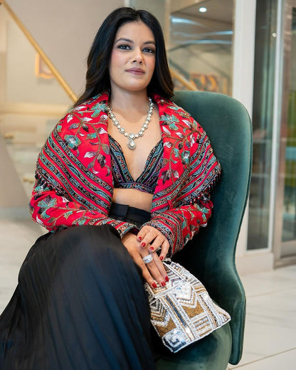 Shalva Shah in Black Leaf Embellished Cape Pant Set