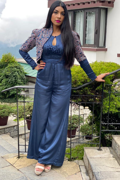 Himani Kapoor in Blue Jumpsuit with Embellished Ajrakh jacket
