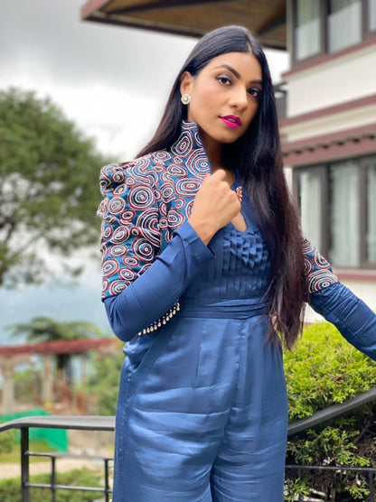 Himani Kapoor in Blue Jumpsuit with Embellished Ajrakh jacket