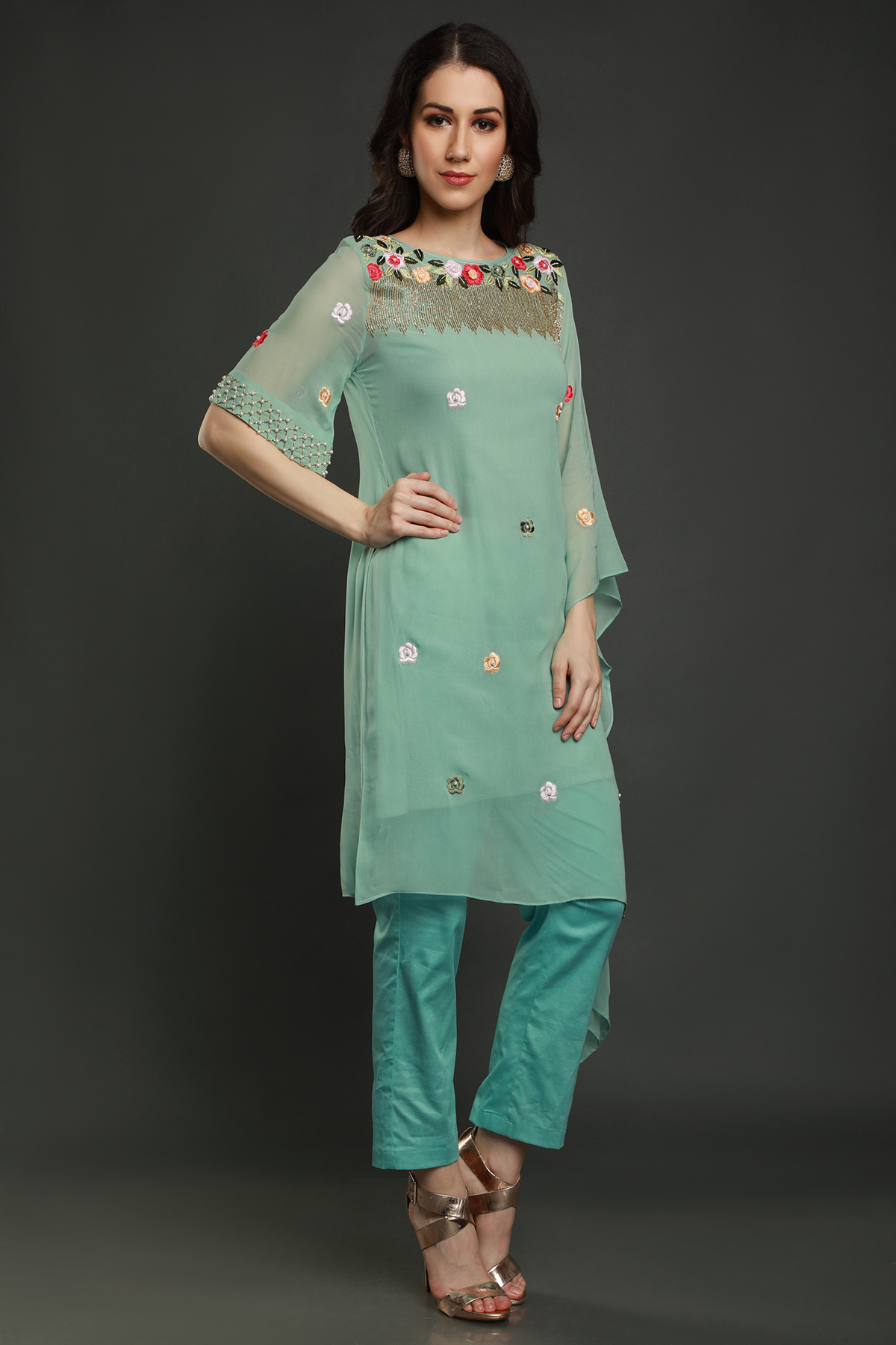 "Radiant Aqua Blue Georgette Kaftan with Thread, Pearl Beads, and Cutdana Embellishments, Perfectly Paired with Stretch Lycra Pants for a chic look."