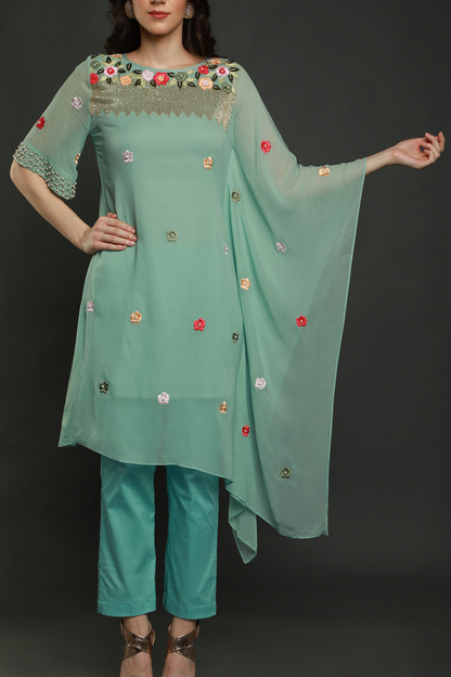 "Radiant Aqua Blue Georgette Kaftan with Thread, Pearl Beads, and Cutdana Embellishments, Perfectly Paired with Stretch Lycra Pants for a chic look."