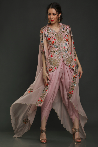 "Elegant Dusky Pink Velvet Crepe Tunic with Intricate Embroidery, paired with Velvet Crepe Dhoti and Organza Dupatta. Shop the luxe ensemble now!"