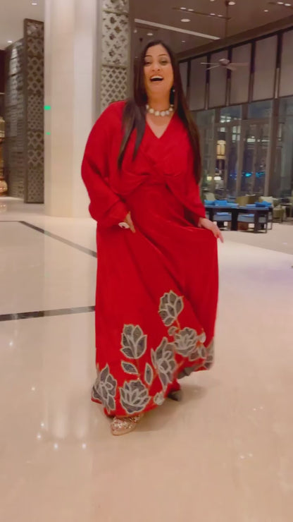Richa Sharma in Red Poncho sleeve patchworked Gown with Belt
