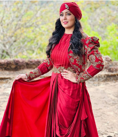 Harshdeep Kaur in Maroon Embroidered Short Jacket and Draped Gown Set