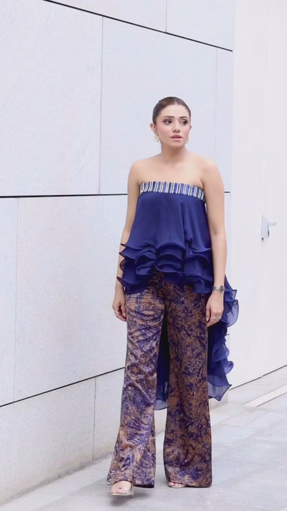 Geetika Verma in Deep blue embroidered ruffle top with Ajrakh pants