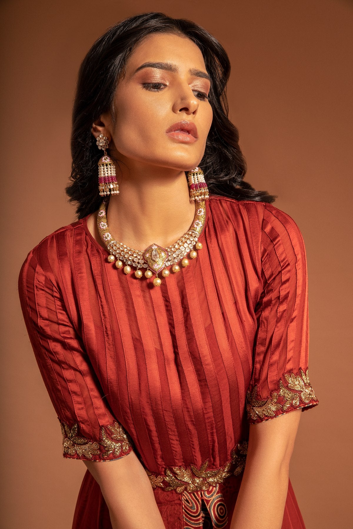 Maroon Patchworked Anarkali with ajrakh Pant