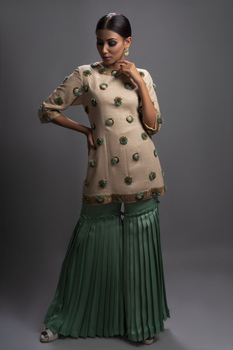 Beige & Green Embellished Gharara Set