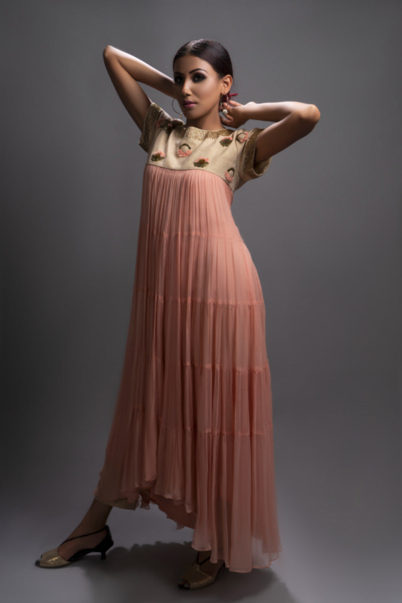 Embellished Peach Chiffon Tiered Dress