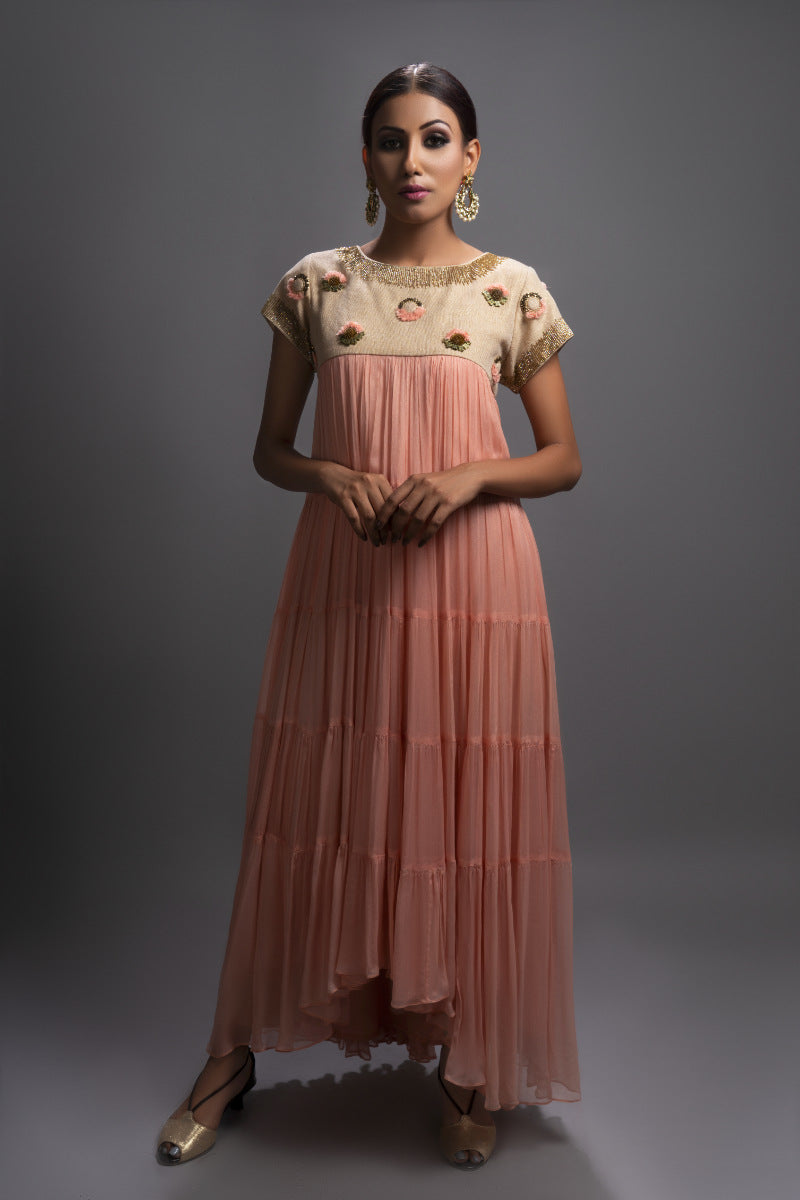 Embellished Peach Chiffon Tiered Dress