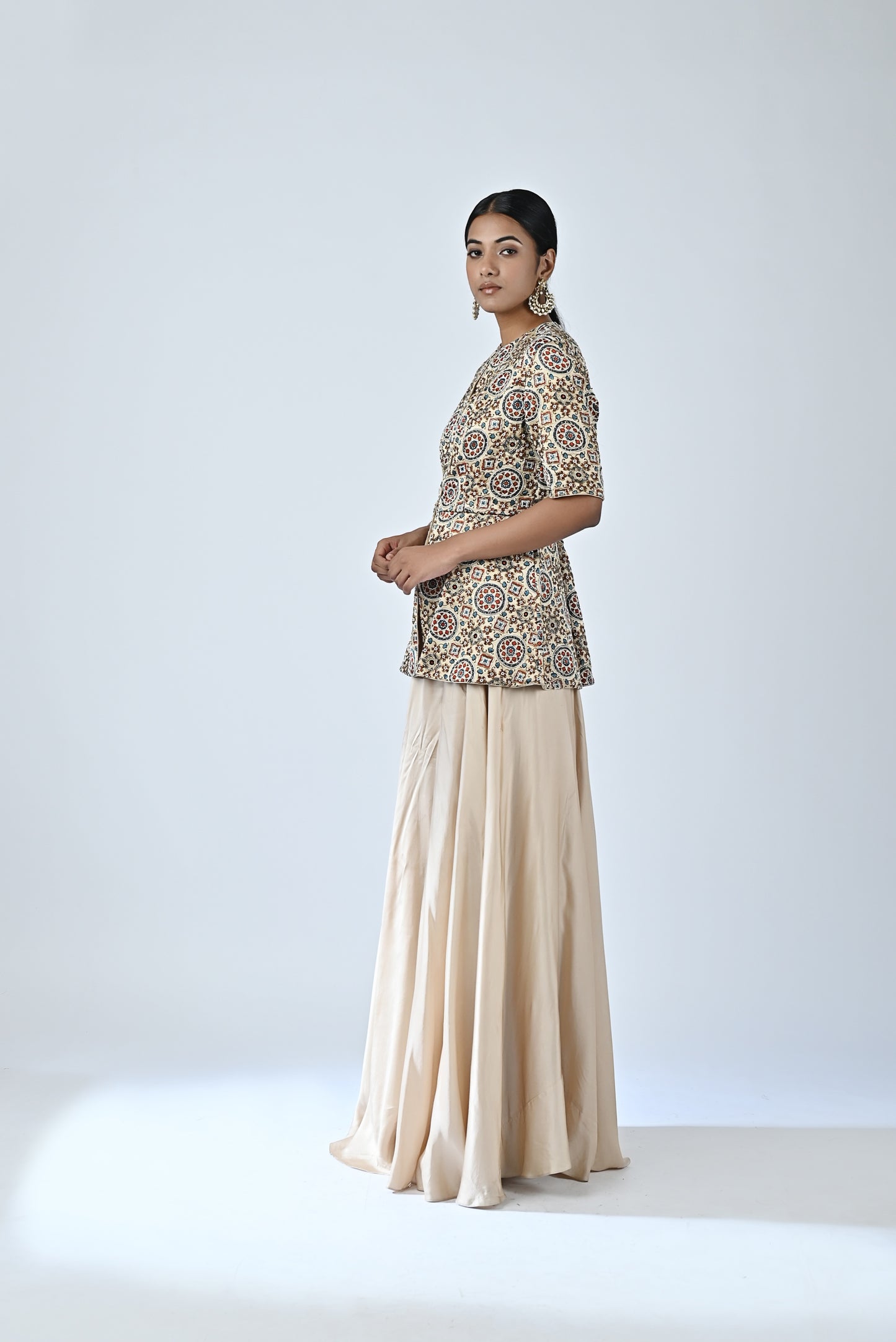 Beige Ajrakh embellished top set