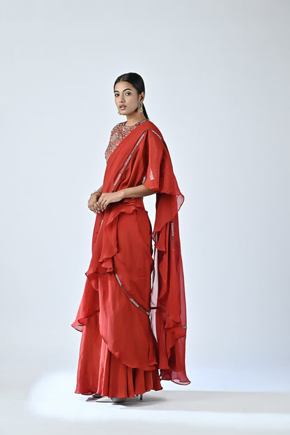 Red embroidered drape saree set