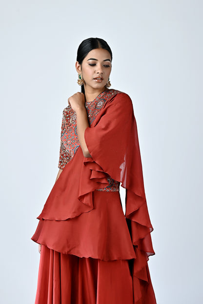 Red ajrakh blouse with ruffled dupatta and flare pants