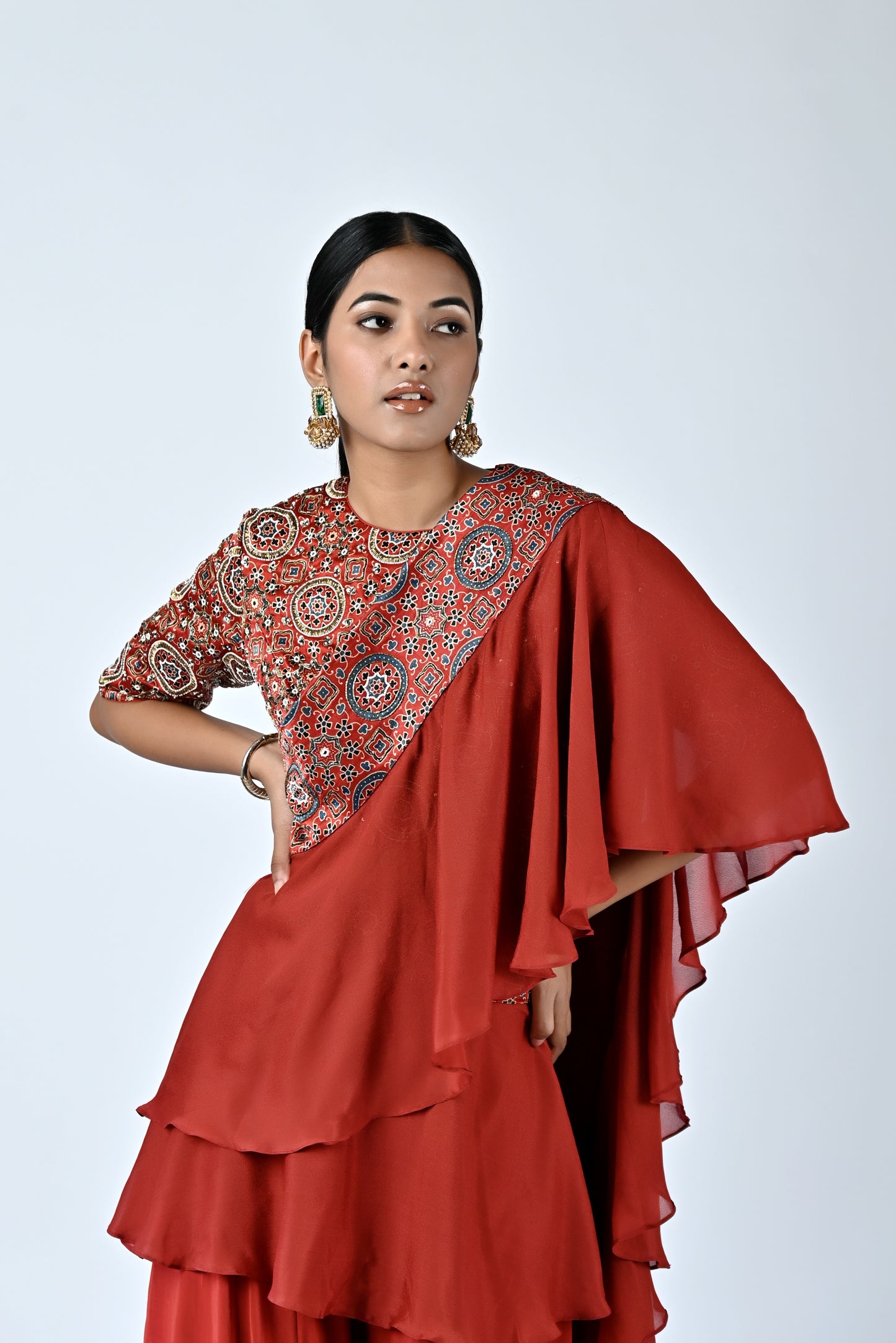 Red ajrakh blouse with ruffled dupatta and flare pants