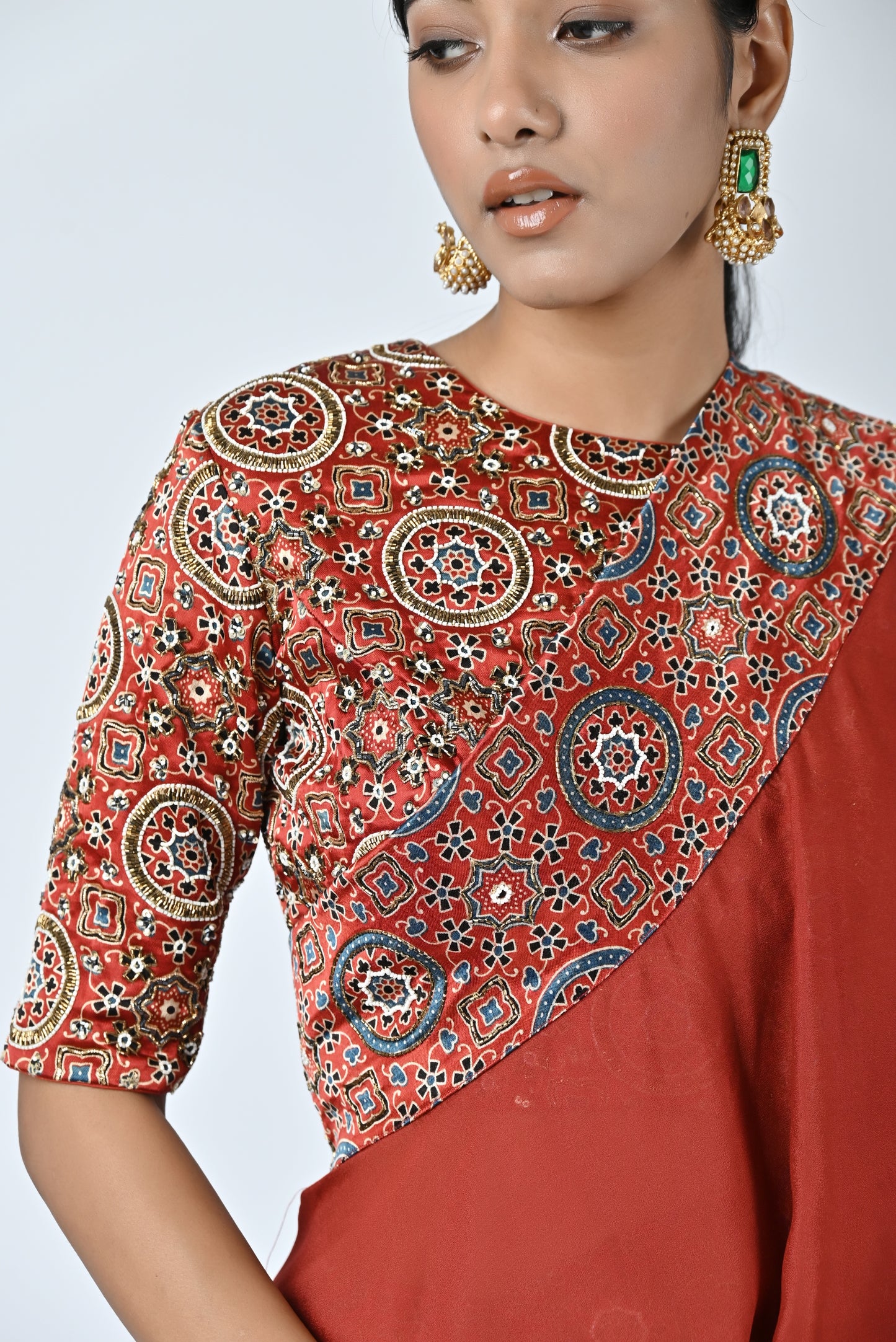 Red ajrakh blouse with ruffled dupatta and flare pants