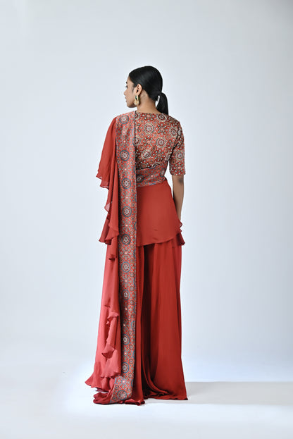 Red ajrakh blouse with ruffled dupatta and flare pants