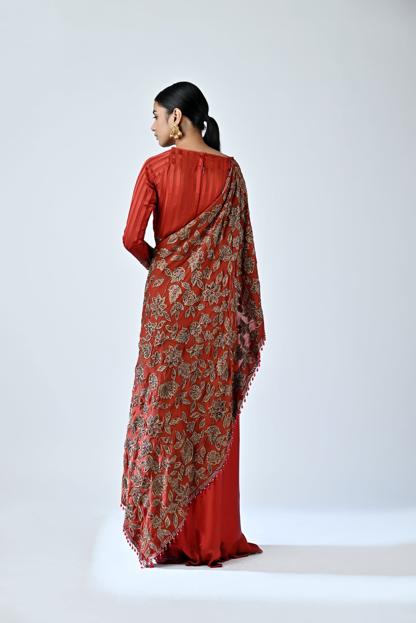 Red patchworked gown saree