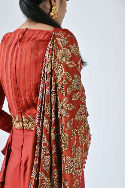 Red patchworked gown saree