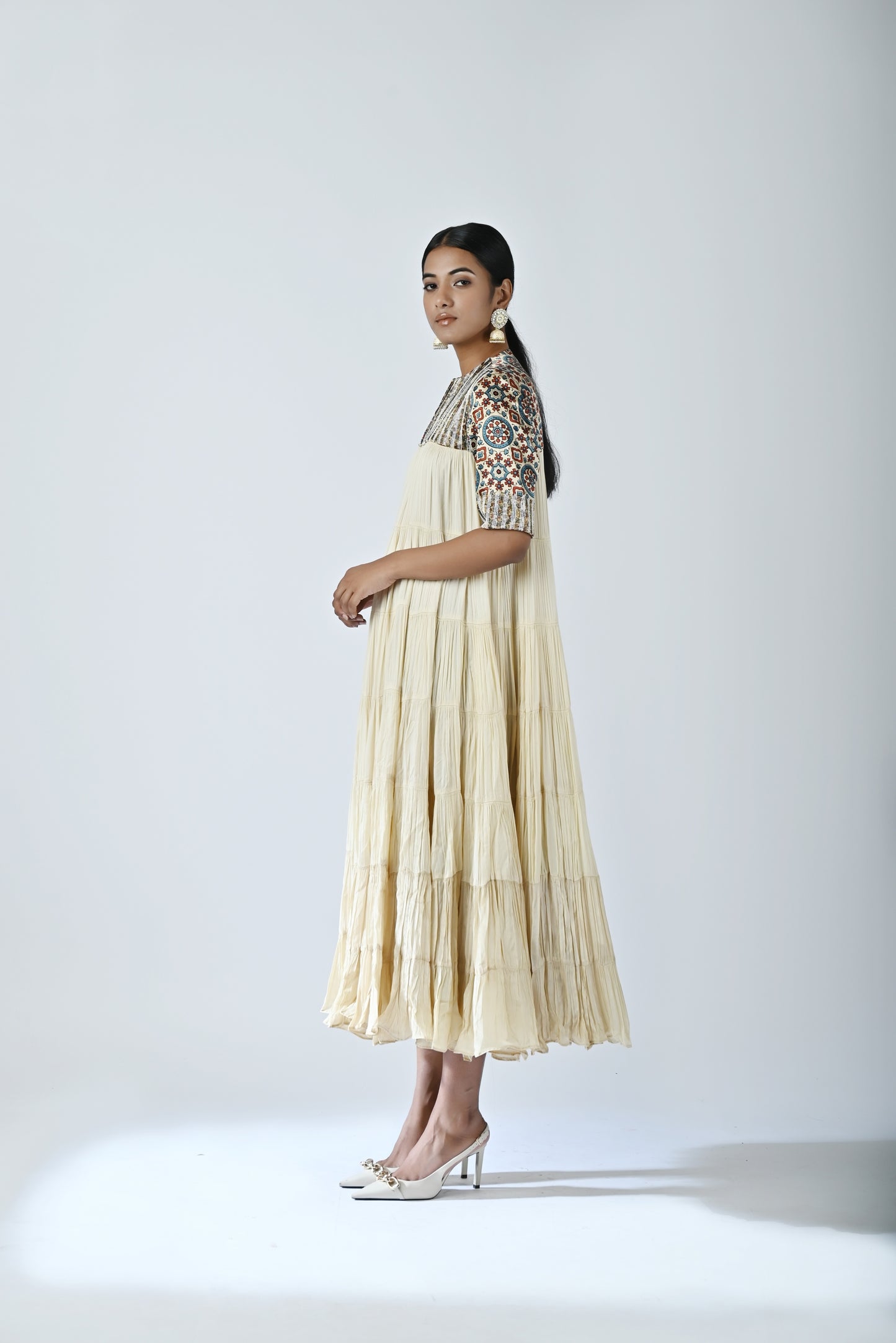 Ivory ajrakh tiered dress.