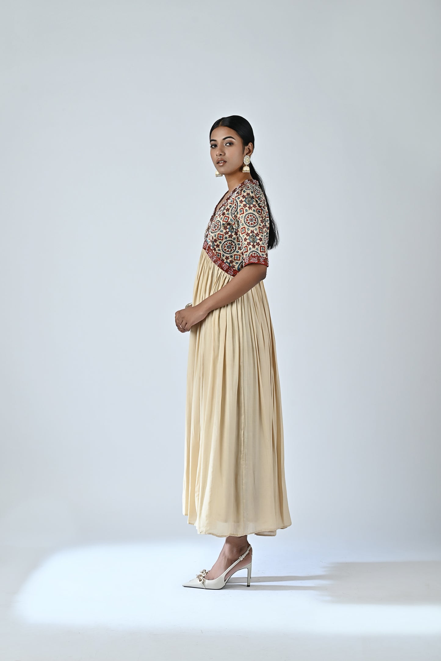 Beige Pure Muslin Silk Gathered A-Line Dress